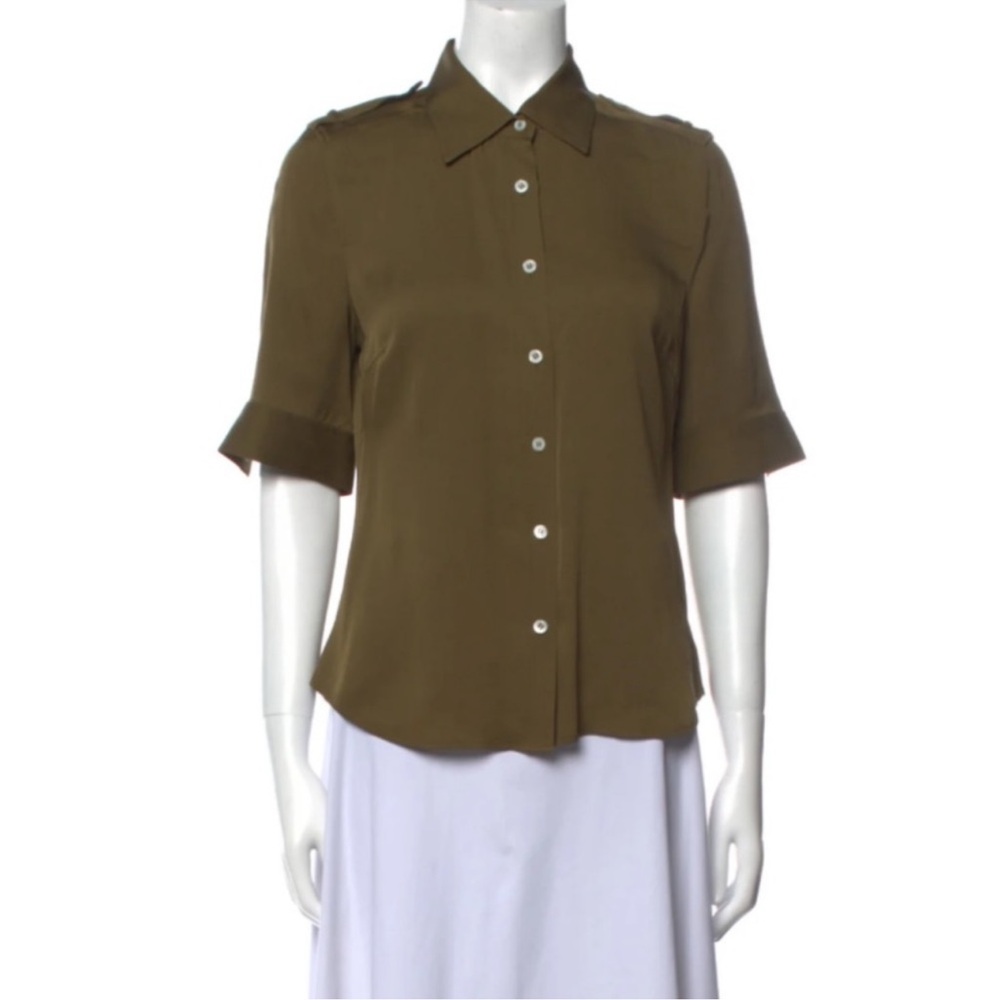 FRAME Silk Short Sleeve Button Down Shirt Olive / Army Green, large